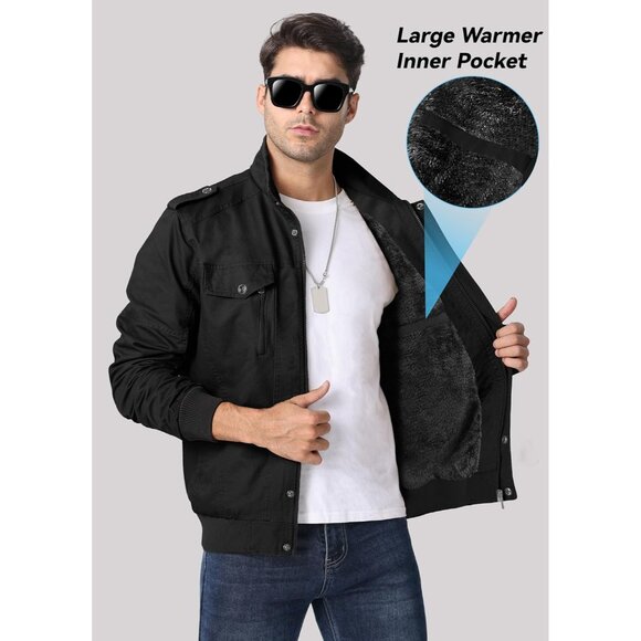 Men's Black Winter Cargo Fleece Sherpa Lined Casual Windproof Bomber Jacket - Picture 4 of 6